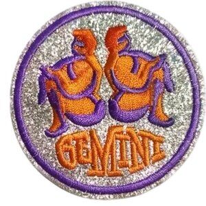 Glitter Embroidered Round Gemini Zodiac Iron On Patch Silver Orange Purple